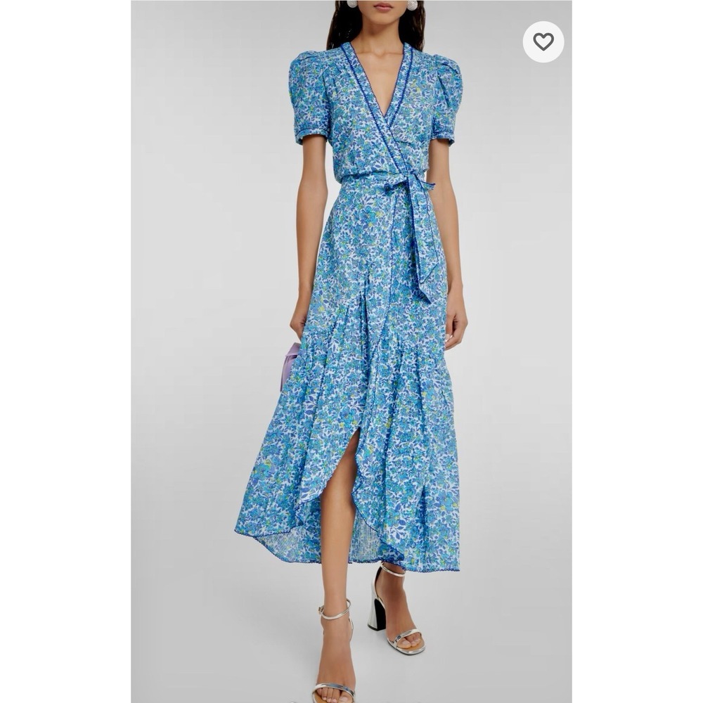 POUPETTE ST BARTH Baba Floral Cotton Maxi Dress Blue Net Wrap Style M